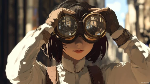 Steampunk anime girl adjusting her goggles before an adventure.