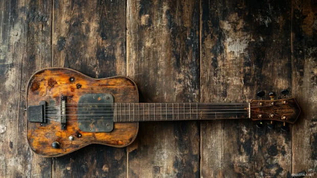 Steel pedal guitar with rustic decor background.