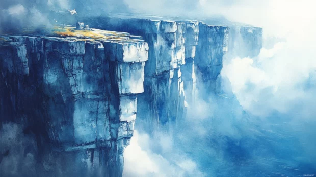 Steep cliffs plunging into deep blue watercolor oceans.