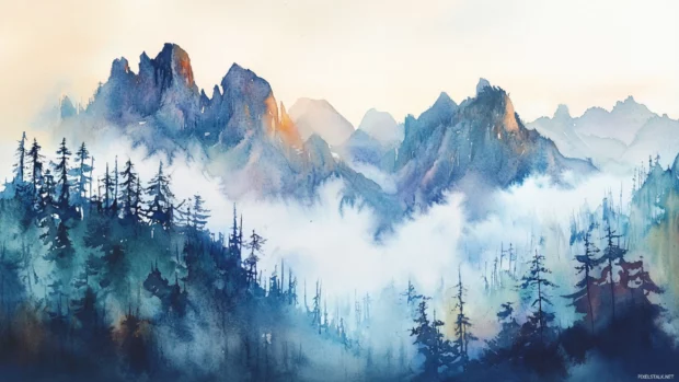 Steep watercolor crags and misty forested foothills.