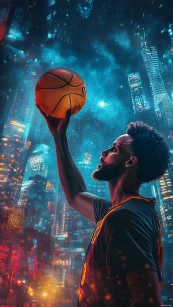 Stephen Curry spinning the ball on his finger, glowing city skyline in the background.