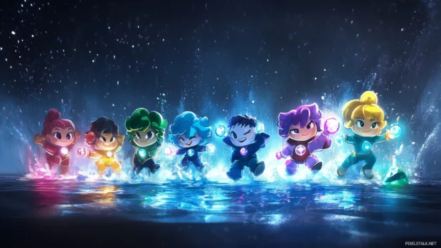 Steven Universe characters, Steven and Crystal Gems, sparkling gems, Cartoon Network logo.