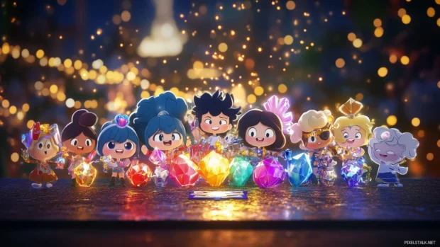 Steven Universe characters, Steven and the Crystal Gems, colorful gems sparkling, Cartoon Network logo.