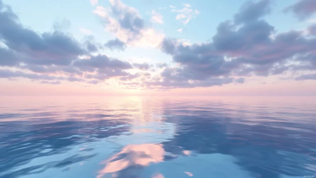 Still ocean waters reflecting a pastel sky at dusk.