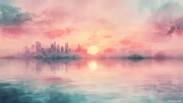 Still waters blending into a watercolor skyline, peaceful ocean watercolor background.