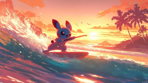 Stitch balancing on a surfboard during a sunset wave.