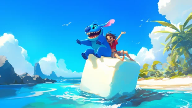 Stitch bouncing on a giant marshmallow trampoline near the ocean.