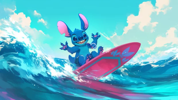 Stitch lounging on a neon surfboard riding pastel waves.
