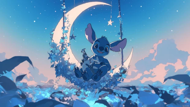 Stitch sitting on a moon shaped swing with sleeping stars around him.