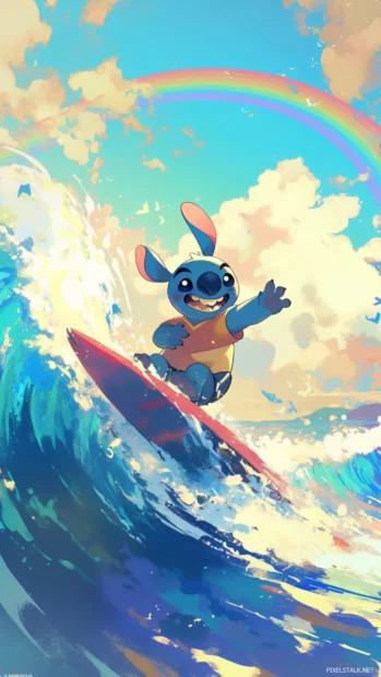 Stitch surfing on a wave with a rainbow trailing behind.