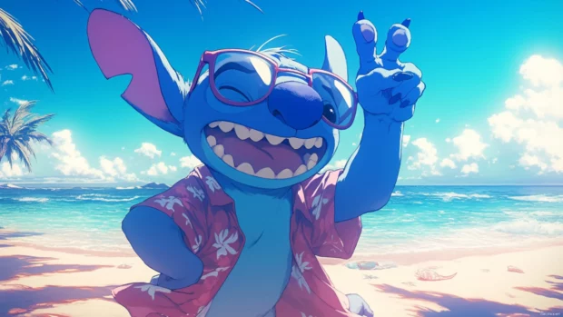 Stitch wearing sunglasses and throwing peace signs on a beach.