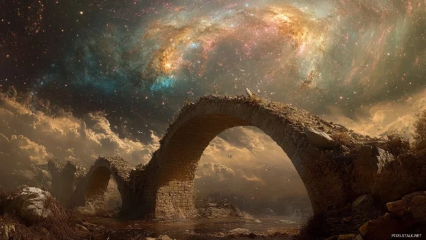 Stone bridges crumbling beneath galaxies.