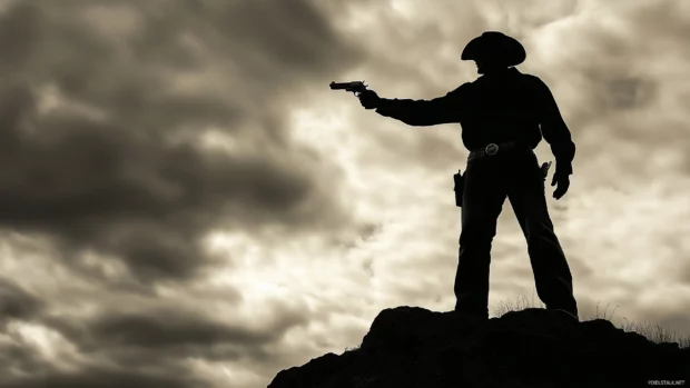 Storm clouds gather behind cowboy on ridge, hand steady on holstered gun.