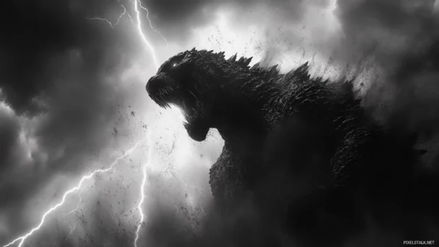 Storms converge above the head of Supercharged Godzilla.