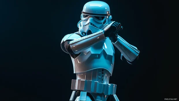 Stormtrooper in cinematic action pose, dark themed Star Wars desktop background.