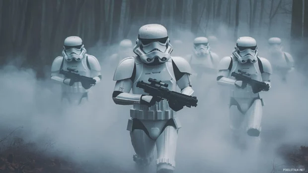 Stormtroopers wading through heavy mist in the forest.