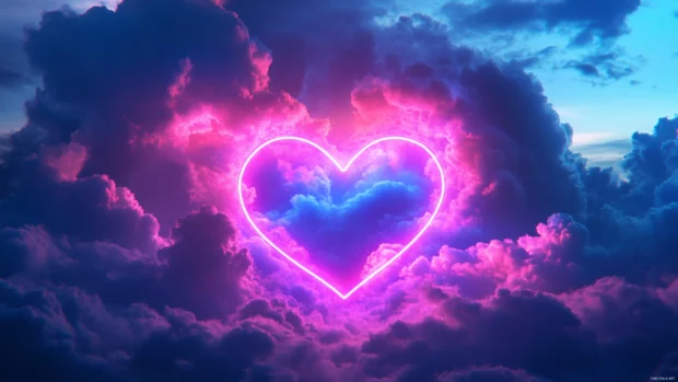 Stormy clouds parting to reveal glowing neon heart.