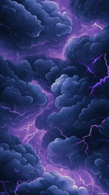 Stormy clouds with purple lightning bolts branching across.