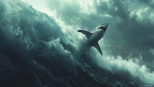 Stormy ocean wallpaper with breaching great white shark in action.