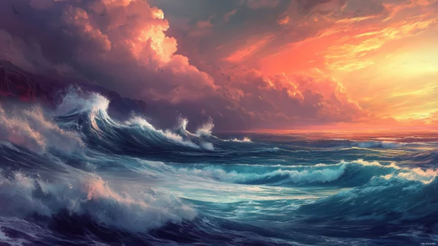 Stormy ocean waves under dramatic skies, high resolution ocean background for PC.