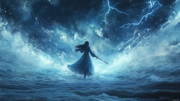 Stormy sea and lightning behind anime girl wielding a magic blade.