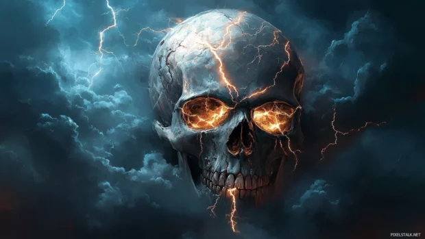 Stormy sky cracking behind a skull with lightning scars.