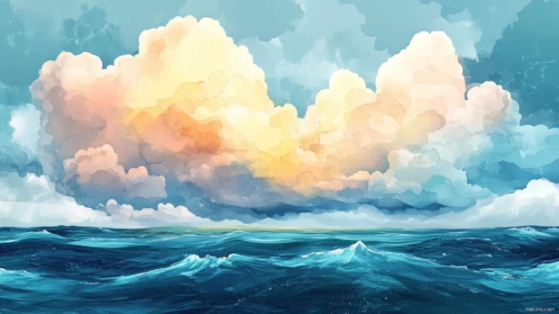 Stormy watercolor clouds brewing above a restless sea.
