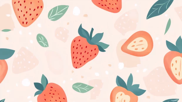 Strawberry and leaf pattern, pastel pink background, playful summer vibe.