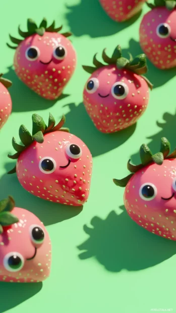 Strawberry collage featuring kawaii strawberries with big eyes and smiles, soft pastel green background.