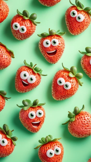 Strawberry collage with kawaii style strawberries with smiling faces and big eyes scattered on a soft pastel green background, cute and playful, Simple lines.