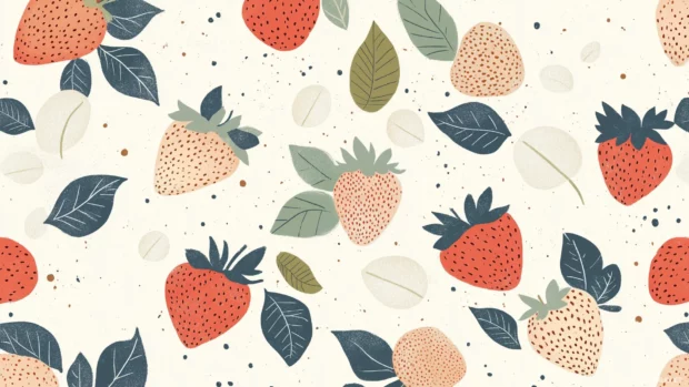 Strawberry collage with whole and sliced strawberries, leaves, cream background.