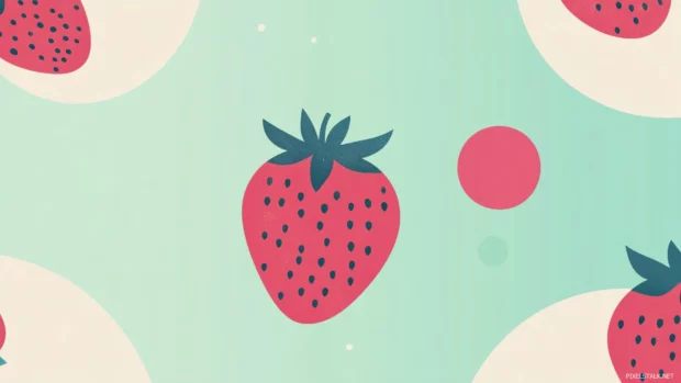 Strawberry design, bold geometric shapes, flat colors, pastel gradient background.