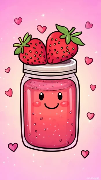 Strawberry jam jar, kawaii smile, heart sparkles, floating strawberries.