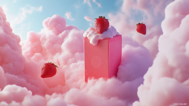 Strawberry milk carton floating in dreamy clouds.