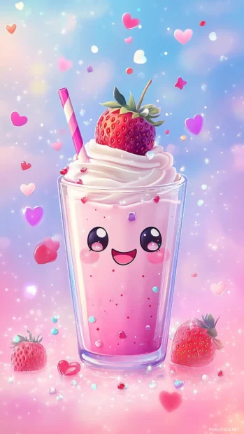 Strawberry milkshake, kawaii face, cherry, whipped cream, sparkles, pastel hearts.