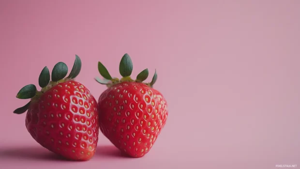 Strawberry pattern with pastel accents, tiny white dots, geometric repeat, light pink textured background.