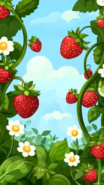 Strawberry plant with flowers and unripe berries on vines, soft sky blue backdrop.