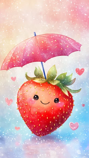 Strawberry rain, kawaii strawberry holding umbrella, pastel hearts, gradient background.