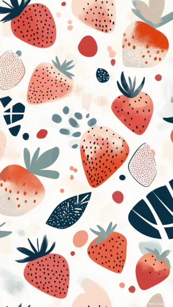 Strawberry shapes, geometric triangles, circles, brush strokes in pastel colors, gradient background, modern art style.