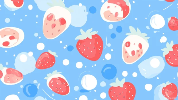 Strawberry slices and whole strawberries, scattered on soft pastel blue, seamless design.