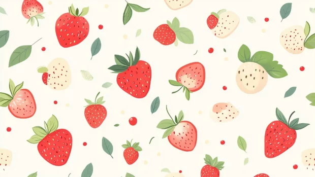 Strawberry themed collage design with whole strawberries, sliced strawberries, and leaves arranged in an aesthetic pattern on a soft cream background.