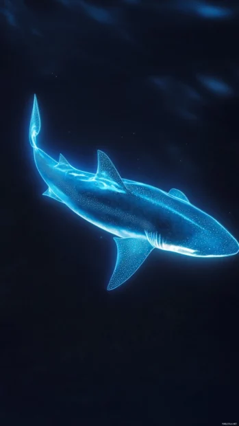 Streamlined shark highlighted by bio luminescent plankton.