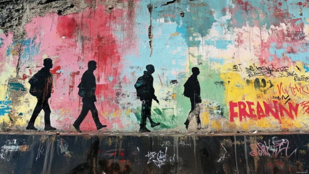 Street art graffiti wallpapers showing protest silhouettes beneath freedom slogans.