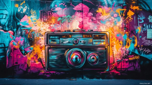 Street art graffiti wallpapers with retro boom box surrounded by glowing tags.