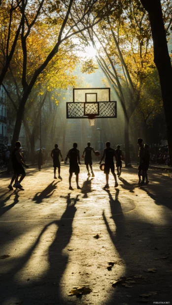 Street basketball game at dusk with long shadows and chain nets.