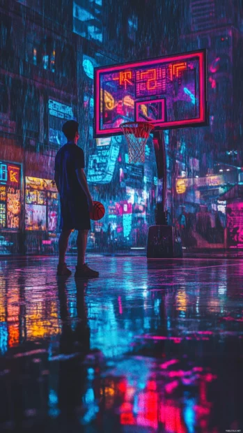 Street basketball under aesthetic neon lights and reflections.