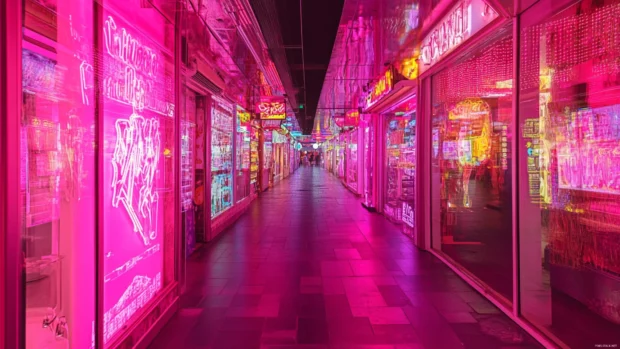 Street covered with reflections of pink neon signs.