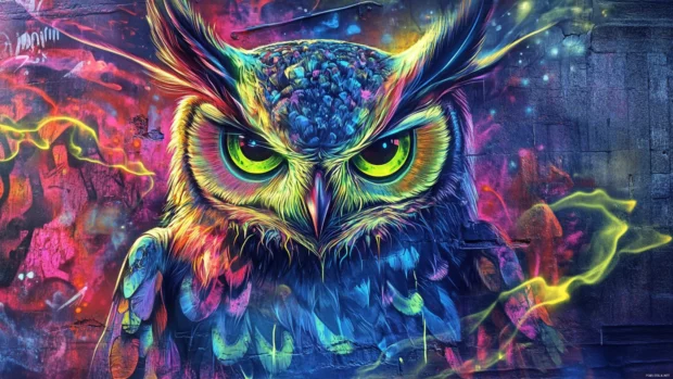 Street inspired graffiti 4K wallpapers with fantasy owl in glowing spray patterns.