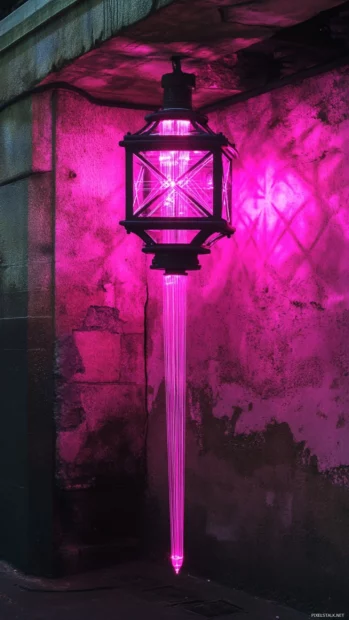 Street lantern made of laser beams casting pink glow.