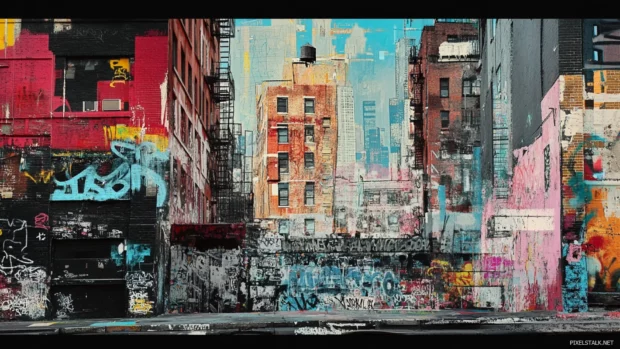 Street level view of a cityscape built from graffiti layers.